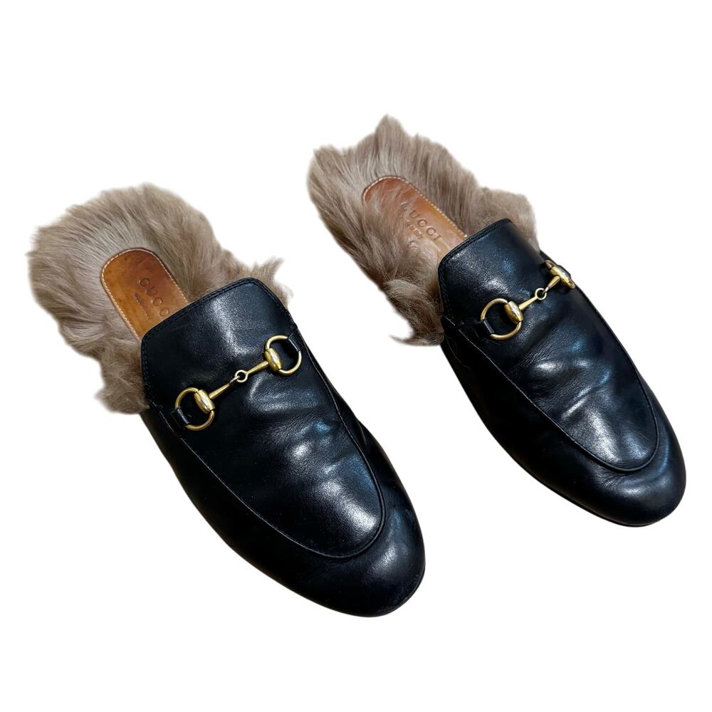 GUCCI Princetown Black Leather Fur Lined Loafer Mule with Bronze Horse Bit EU 37